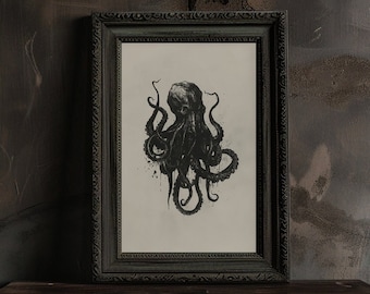 Stimmungsvoller schwarzer Oktopus Digitaler Kunstdruck, Poster eines Oktopus in schwarzer Tinte auf Sepia, dunkle eklektische Illustration eines Tiefseemonsters Kunst