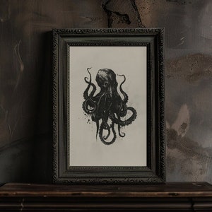 Stimmungsvoller schwarzer Oktopus Digitaler Kunstdruck, Poster eines Oktopus in schwarzer Tinte auf Sepia, dunkle eklektische Illustration eines Tiefseemonsters Kunst