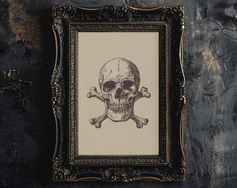 Skull and Crossbones Wall Art Printable Skull Crossbones Halloween Jolly Roger Wall Print Vintage Human Skull Illustration Gothic Room Decor
