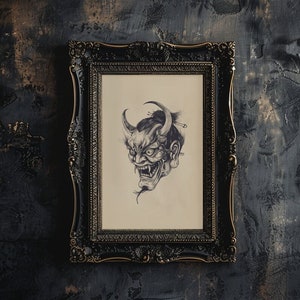Hannya Mask Wall Art Japanese Style Printable Gothic Hannya Mask Sketch Traditional Oni Demon Mask Print on Sepia Hannya Noh Mask Drawing