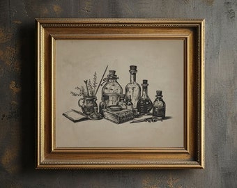 Witches Alchemy Set Digital Wall Art Print, Vintage Apothecary Jars Sketch Poster, Printable Eclectic Flask & Vials Illustration on Sepia