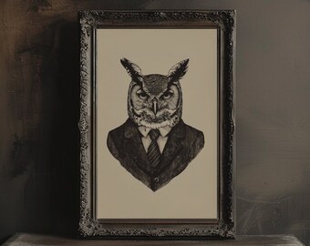 Owl in Suit Wall Print Vintage Owl Portrait Drawing Majestic Owl Illustration Bird Wall Art Printable Owl Bird Print for Office Wall Decor