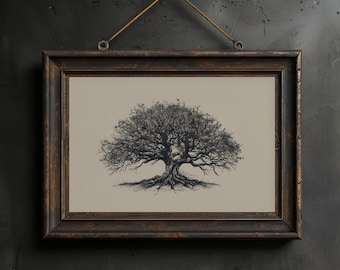 Cartel espiritual imprimible con boceto del árbol de la vida vintage Ilustración del árbol de la vida de un árbol botánico Arte de pared para una decoración del hogar con un tono neutro y melancólico