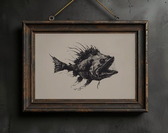 Anglerfish Wall Art Printable Vintage Deep Sea Print Dark Gothic Decor Mysterious Fish Illustration Creepy Anglerfish Poster Ocean Decor