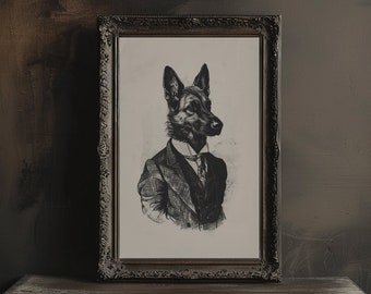 German Shepherd Wearing a Suit Wall Art, Printable German Shepherd Portrait, Victorian Dog Sketch, Vintage Dog Poster, German Shepherd Lover