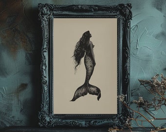 Mermaid Wall Art Printable Mermaid Bathroom Wall Decor Dark Vintage Mermaid Sketch Gothic Style Artwork Fantasy Mermaid Eclectic Wall Art