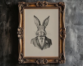 Ritratto di coniglio vintage disegno arte di coniglio gotico stampabile arte della parete animale in abito stampa illustrazione di coniglio arte della parete decorazioni per la casa vittoriane