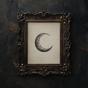 May include: A black and white crescent moon illustration in a dark brown ornate frame against a dark gray background.