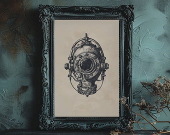 Antique Diving Helmet Digital Wall Art Print, Deep Sea Divers Eclectic Artwork, Spooky Scuba Costume Vintage Illustration, Frogman Helmet