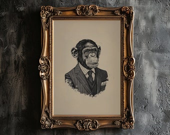 Monkey Portrait Wall Art Print Vintage Monkey in Suit Sketch Dark Moody Monkey Illustration of Monkey Wearing Suit Print Eclectic Wall Decor