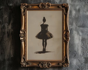 May include: A framed black and white drawing of a ballerina in a tutu, standing with her back to the viewer. The frame is ornate and gold.