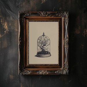 Baum in Glaskuppel Wand Kunst Druckbare Moody Vintage Baum Zeichnung Botanisches Glas Terrarium Glocke Glas Baum Cloche Print für Gothic Home Decor