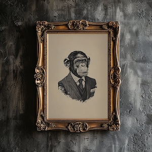 Impresión de arte de pared con retrato de mono, Mono vintage con traje, Dibujo de mono malhumorado oscuro, Ilustración de mono con traje, Impresión ecléctica, Decoración de pared