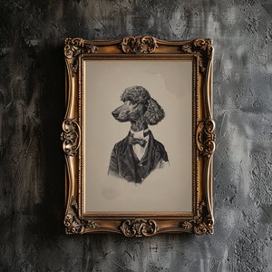 Cute Poodle Wearing a Suit Digital Wall Art Print, Animal Lover Pet Poodle Portrait on Sepia, Fancy Poodle With a Bow Graphic, Poodle Moms