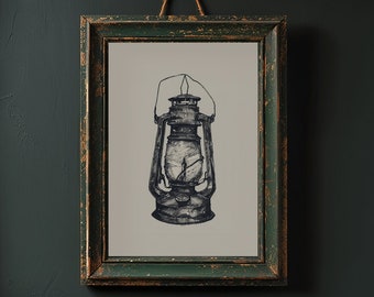 Vintage Lantern Art Printable Lantern Illustration Gothic Lantern Print for Gothic Wall Decor Oil Lantern Sketch of an Old Metal Lantern