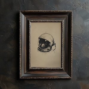 Astronaut Helmet Digital Wall Art Print, Cosmonaut Sepia Illustration, Man on the Moon Memorabilia, Outta Space Graphic Poster for Classroom