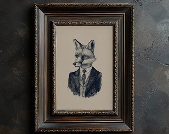 Fuchs im Anzug Wandkunst, druckbare Kunst Clever Fox, dunkler Vintage-Dapper Fuchs Druck, Fuchs im Anzug Poster, antike Rotfuchs Illustration