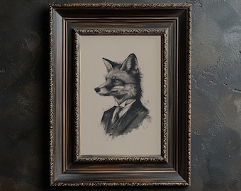 Fox Wearing a Suit Printable Artwork, Dark Vintage Gentleman Fox Portrait Print, Antique Dapper Animal Head Poster, Clever Fox Illustration