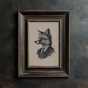 Puede incluir: Una ilustración en blanco y negro de un zorro con traje y corbata, enmarcada en un marco marrón oscuro adornado.