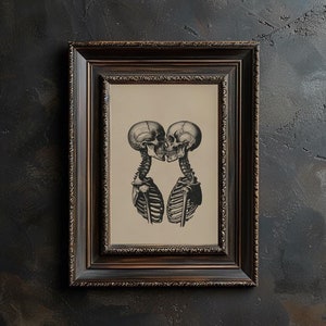Arte de pared de amantes de los esqueletos, impresión de pareja de esqueletos besándose, retrato de esqueleto romántico gótico, esqueletos imprimibles para decoración de pared de calaveras de Halloween