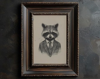 Raccoon Wearing Suit Portrait Drawing Printable Raccoon Wall Art Gothic Raccoon Print Trash Panda Art Print for Vintage Eclectic Wall Decor