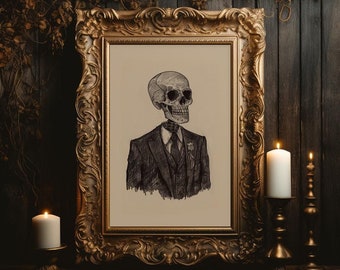 Skeleton Portrait Wall Art Gothic Skeleton Illustration Vintage Skeleton Print Skeleton Wearing Suit Skeleton Printable Halloween Wall Decor