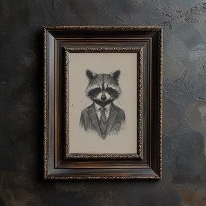 May include: A black and white illustration of a raccoon wearing a suit and tie, framed in a dark brown wood frame.