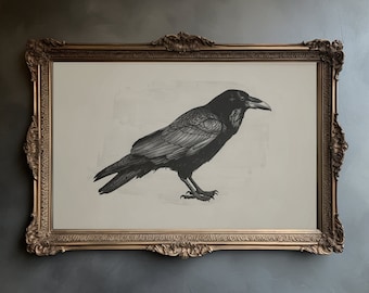 Goth Girl Crow Print on Sepia, Printable Eclectic Wall Raven Digital Artwork, Classic Crow Portrait for Gothic Walls, Antique Raven Poster