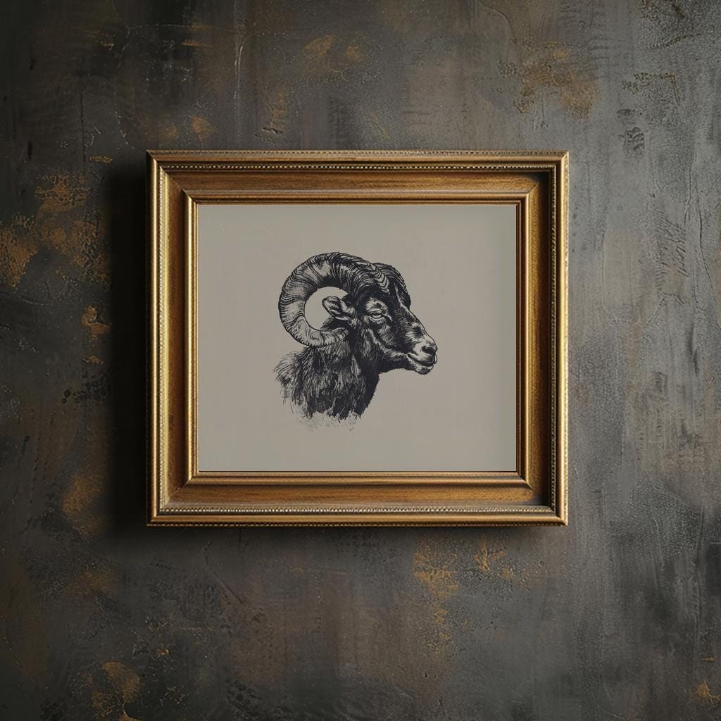 Painted Rams Head Ram Head Wall Art Vintage Ram Head Portrait Ram's Head Aries Star Sign ...