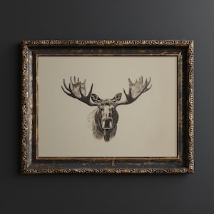 Vintage Moose Head Wall Art Moose Portrait Printable Moose Sketch Gothic Style Eclectic Wall Art Print Moose Wall Art for Boys Room Decor