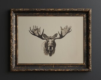 Vintage Moose Head Wall Art Moose Portrait Printable Moose Sketch Gothic Style Eclectic Wall Art Print Moose Wall Art for Boys Room Decor