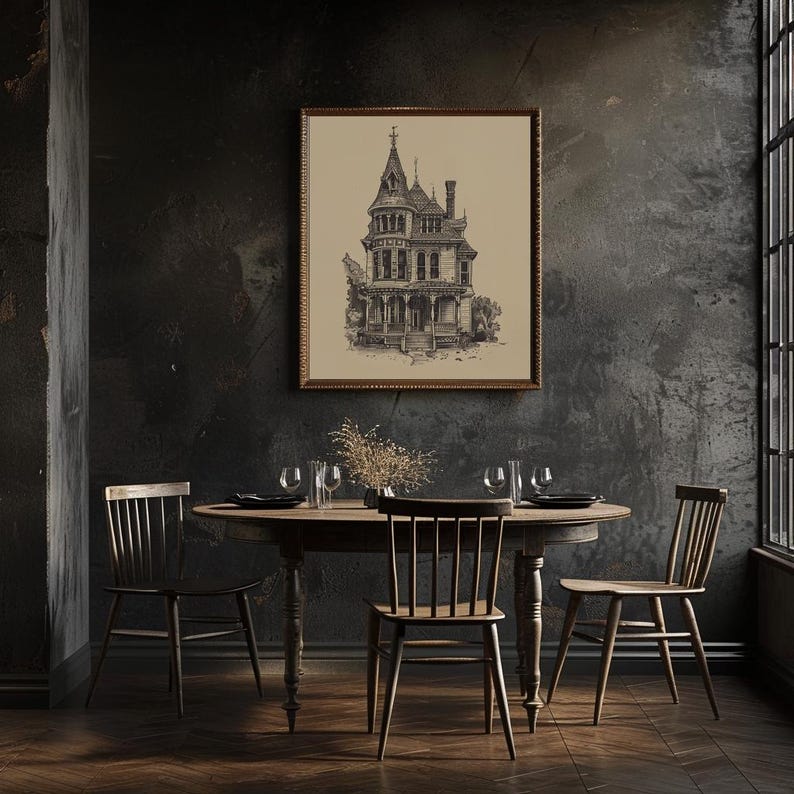 Illustration av viktorianskt spökhus, gotisk heminredning (digital nedladdning) bild 7
