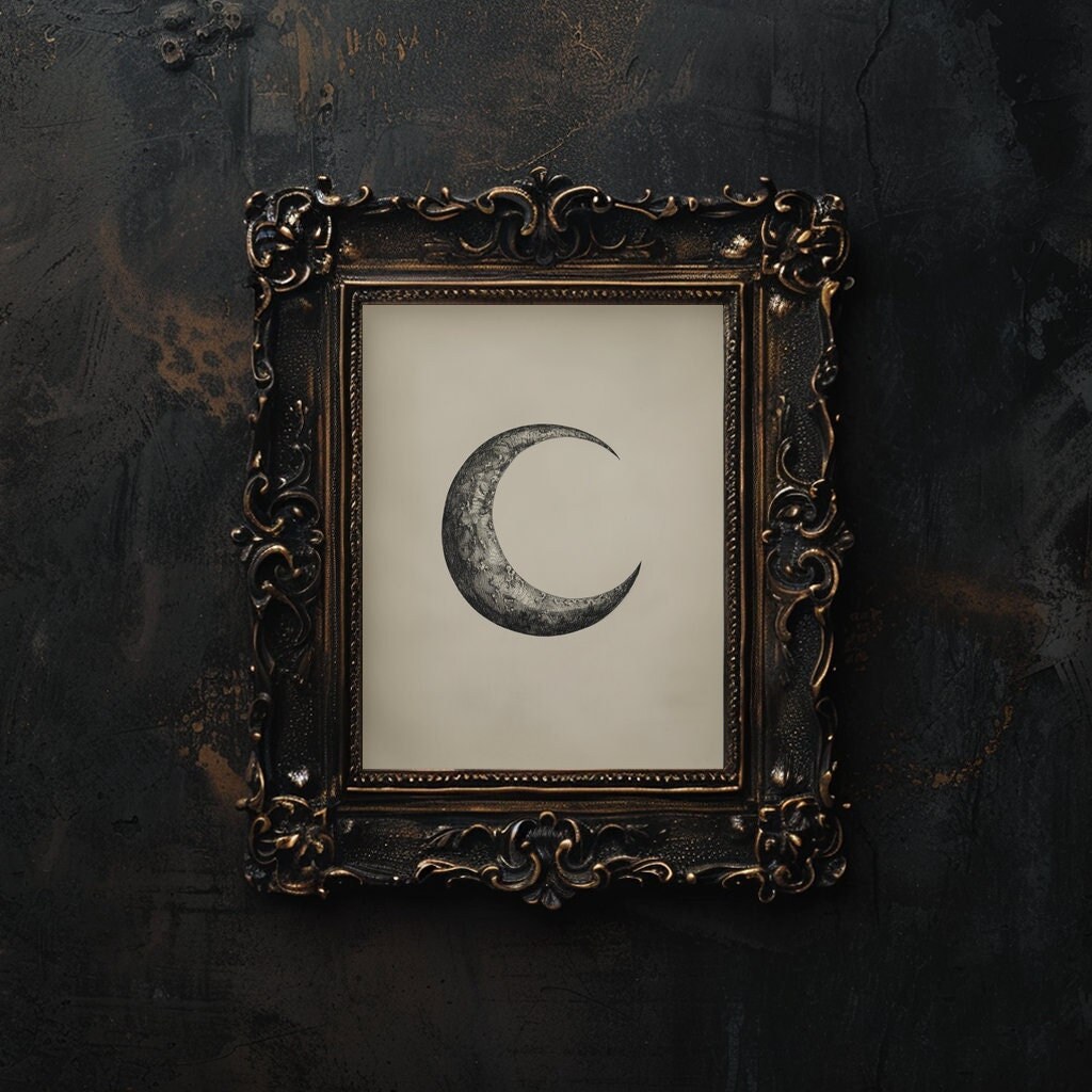Goth Girl Crescent Moon Eclectic Wall Art Digital Print, Magical Moon Graphic on Sepia, Whimsical Moon Child Artwork, Lunar Mom Nursery Art
