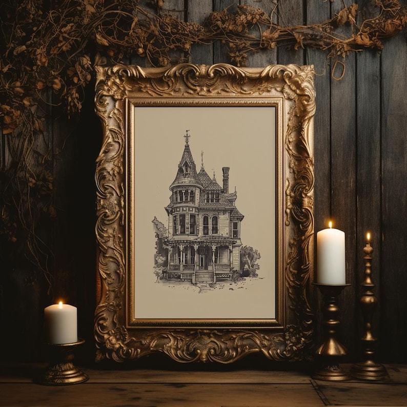 Illustration av viktorianskt spökhus, gotisk heminredning (digital nedladdning) bild 1
