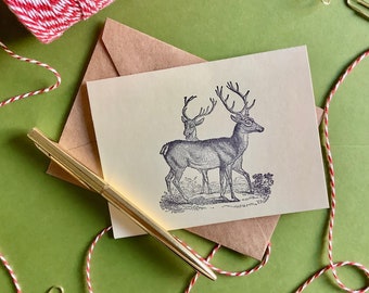 Holiday Deer Greeting Cards Set of 10 on Light Ivory with Kraft Envelopes