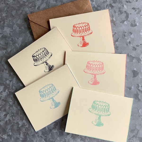 Vintage Cake Hand Stamped Cards Set of 10 in Ivory with kraft Envelopes