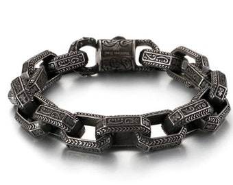 Vintage Engraving Square Bracelet Men Stainless Steel Black Cuff Punk Box Link Chain Custom Bangle Men Fashion Jewelry