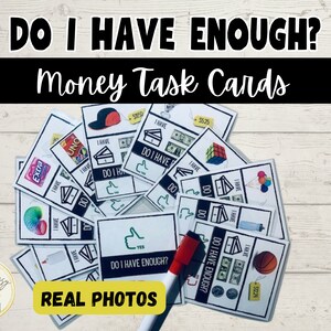 Tarjetas de tareas de matemáticas de dinero / ¿Tengo suficiente? / Habilidades para la vida / Fotos reales / Autismo / Imprimible / Dólares / Centavos / Tarjetas con clip