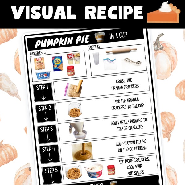 RECETTE VISUELLE : Tarte à la citrouille dans une tasse | Éducation spéciale | Cuisine de compétences de vie | Sciences de la famille et de la consommation | FACS | Action de grâces