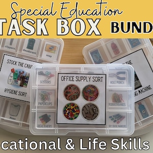 Scatola dei compiti per l'educazione speciale BUNDLE / Abilità professionali e di vita / Abilità indipendenti / Compiti per l'autismo / Scatola dei compiti fai da te / Abilità indipendenti / Motricità fine