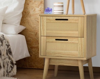 Rattan Bohemian Nightstand 2 Drawer & Storage Shelf Bedroom Coastal Cabinet Side Table