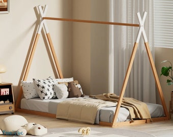 Kids Tipi Home Shaped Brown Bed Frame Single Sized Children's House Bed Frame