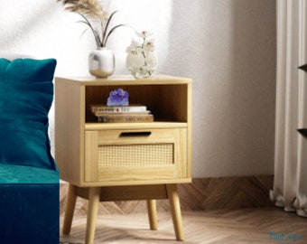 Rattan Bohemian Nightstand Drawer & Storage Shelf Bedroom Coastal Cabinet Side Table