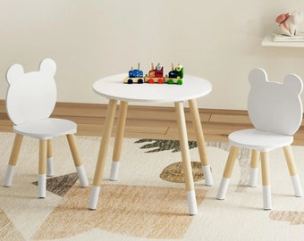 3-Piece Kids Table Chairs Set White with Animal Ears, Play Study Desk, Pretend Play, Playroom Furniture