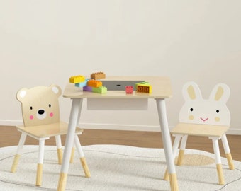 3-Piece Kids Table Chairs Set with Bear & Bunny Chairs, Play Study Desk, Pretend Play, Playroom Furniture