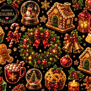 Peut inclure: Un motif numérique avec des éléments de Noël sur fond noir, incluant une maison en pain d'épices, une couronne avec un nœud rouge, une boule à neige, un cupcake, un sucre d'orge, des cloches, une tasse avec des guimauves et le texte CREATIVE BY ZALIBRA.