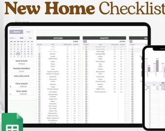New House Checklist Template Excel Spreadsheet, Home Planner Google Sheets, Moving Planner, Furniture Inventory, Moving Guide, Digital List