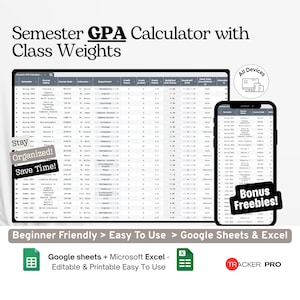 Semester GPA Calculator Google Excel, Class Grade Tracker with Weighting, College GPA Spreadsheet, Academic Planner Google Sheets Template