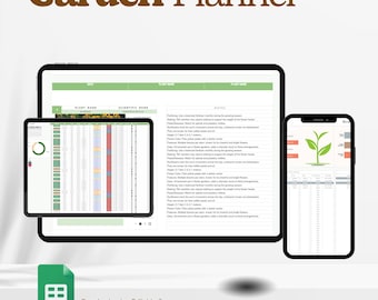 May include: A digital garden planner displayed on a tablet, a smaller tablet, and a smartphone. The text "Garden Planner" is in brown. The image also includes the text "Google sheets - Editable & Printable", "Easy To Use", and "Tracker Pro".