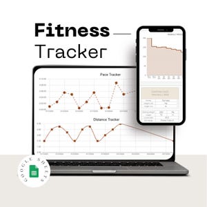 May include: A laptop and smartphone displaying fitness tracking data. The laptop shows pace and distance trackers with brown line graphs. The smartphone displays a weekly progress chart and user data. The text "Fitness Tracker" is at the top.